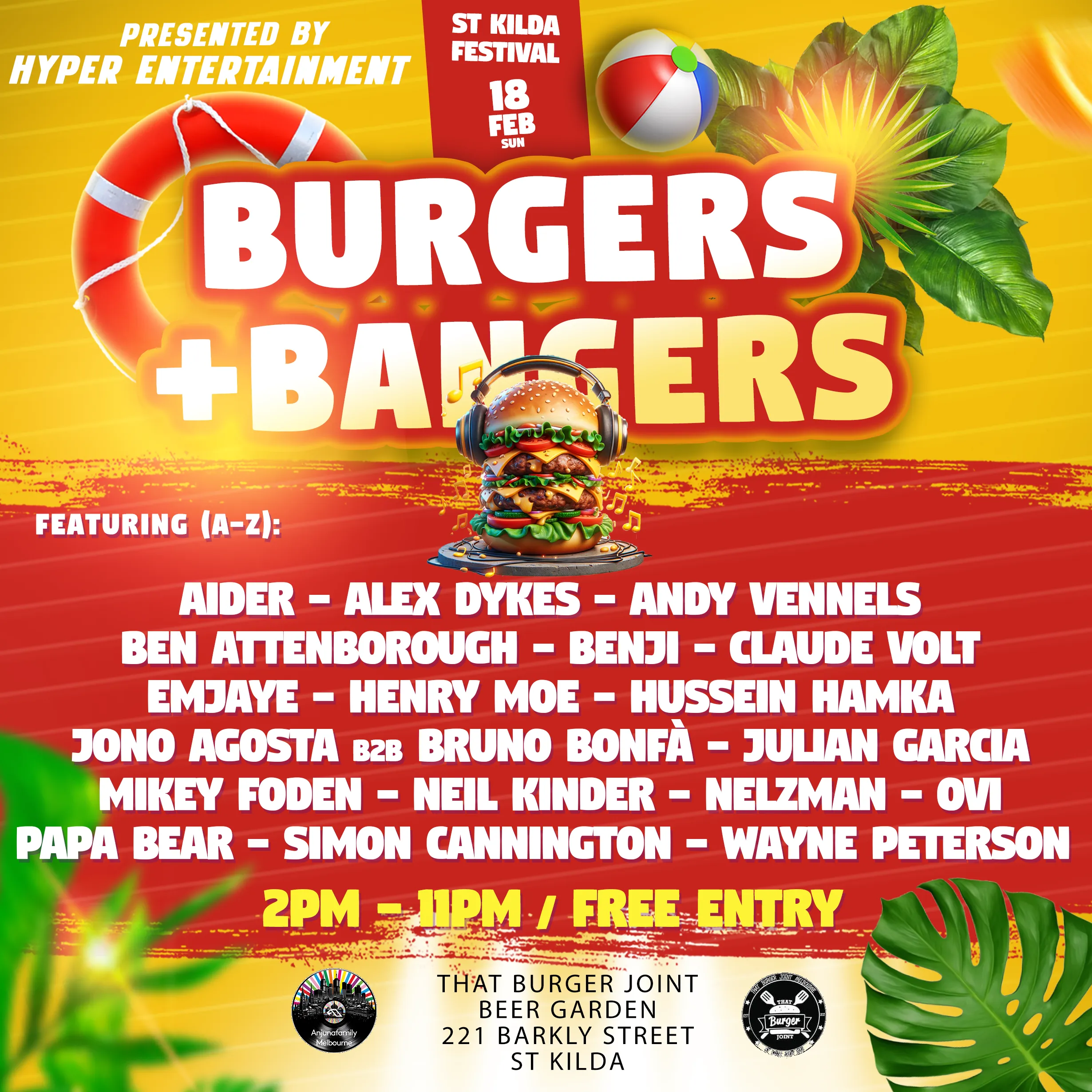 The flyer for Burgers + Bangers St Kilda Festival 2024
