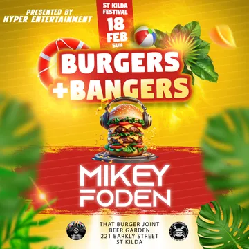 The flyer for Burgers + Bangers St Kilda Festival 2024