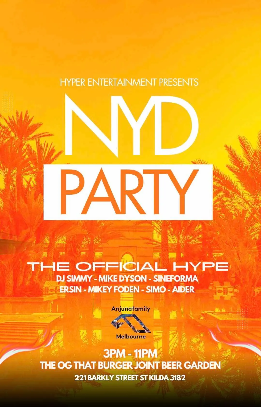 The flyer for NYD Party at That Burger Joint 2025