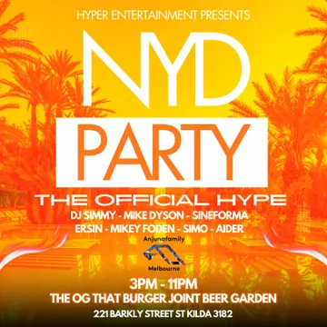 The flyer for NYD Party at That Burger Joint 2025